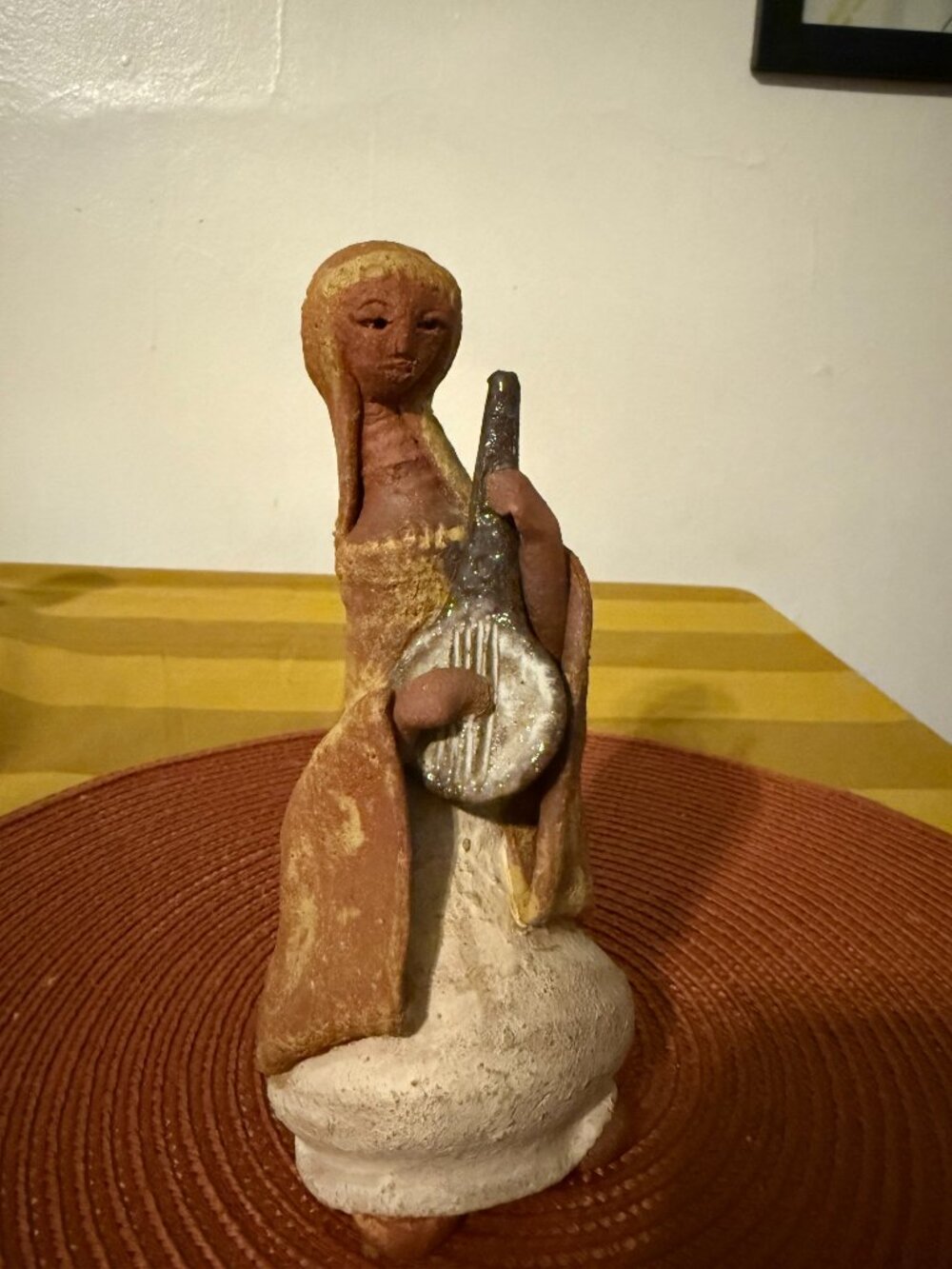 KD Israel Handmade Clay Sculpture Woman Playing Banjo Figure Artist Signed